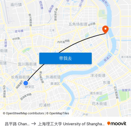 昌平路 Changping Road to 上海理工大学 University of Shanghai for Science and Technology map