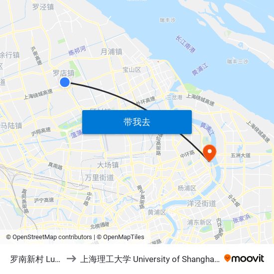 罗南新村 Luonan Xincun to 上海理工大学 University of Shanghai for Science and Technology map