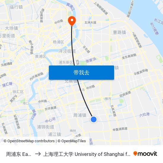 周浦东 East Zhoupu to 上海理工大学 University of Shanghai for Science and Technology map