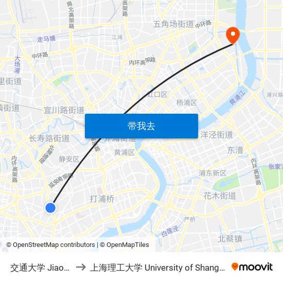 交通大学 Jiaotong University to 上海理工大学 University of Shanghai for Science and Technology map