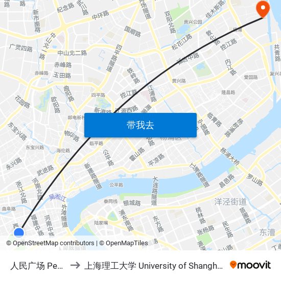 人民广场 People's Square to 上海理工大学 University of Shanghai for Science and Technology map