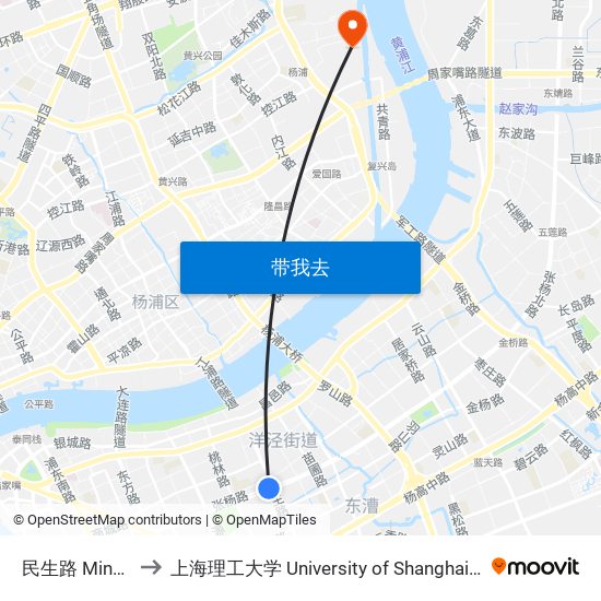 民生路 Minsheng Road to 上海理工大学 University of Shanghai for Science and Technology map