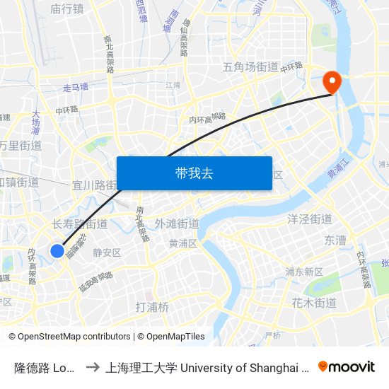 隆德路 Longde Road to 上海理工大学 University of Shanghai for Science and Technology map