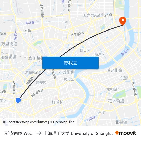 延安西路 West Yan'An Road to 上海理工大学 University of Shanghai for Science and Technology map