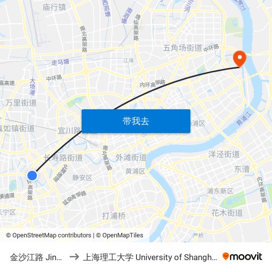 金沙江路 Jinshajiang Road to 上海理工大学 University of Shanghai for Science and Technology map