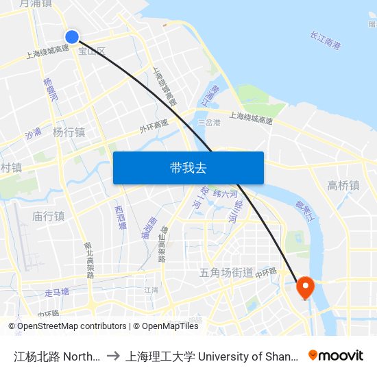 江杨北路 North Jiangyang Road to 上海理工大学 University of Shanghai for Science and Technology map