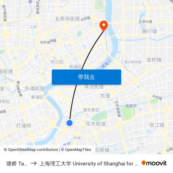 塘桥 Tangqiao to 上海理工大学 University of Shanghai for Science and Technology map