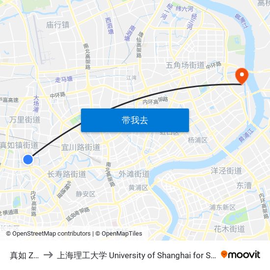 真如 Zhenru to 上海理工大学 University of Shanghai for Science and Technology map