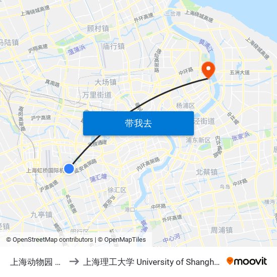 上海动物园 Shanghai Zoo to 上海理工大学 University of Shanghai for Science and Technology map