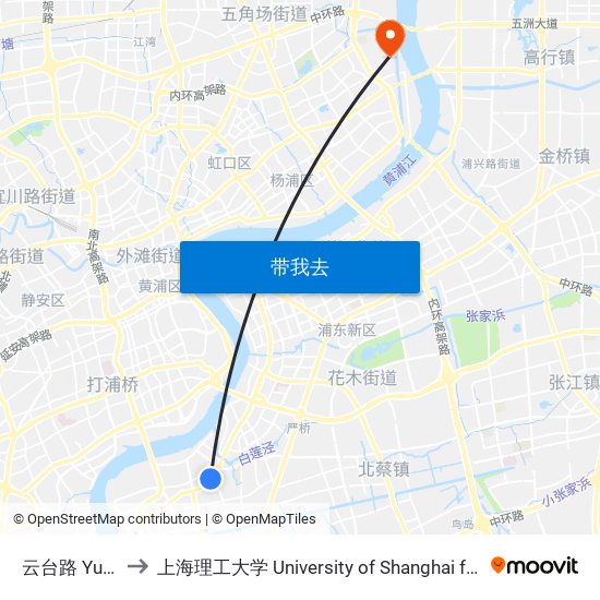 云台路 Yuntai Road to 上海理工大学 University of Shanghai for Science and Technology map