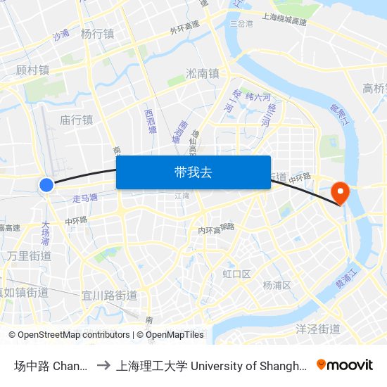 场中路 Changzhong Road to 上海理工大学 University of Shanghai for Science and Technology map