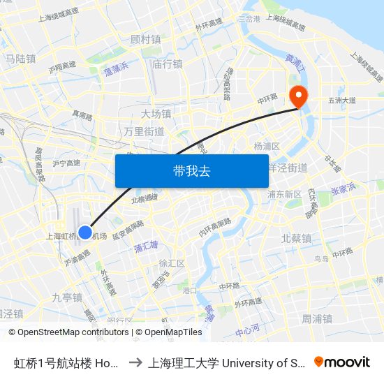 虹桥1号航站楼 Hongqiao Airport Terminal 1 to 上海理工大学 University of Shanghai for Science and Technology map