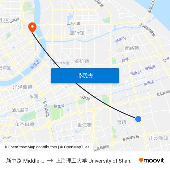 新中路 Middle Chuangxin Road to 上海理工大学 University of Shanghai for Science and Technology map