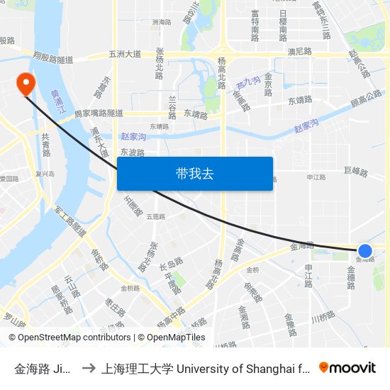 金海路 Jinhai Road to 上海理工大学 University of Shanghai for Science and Technology map