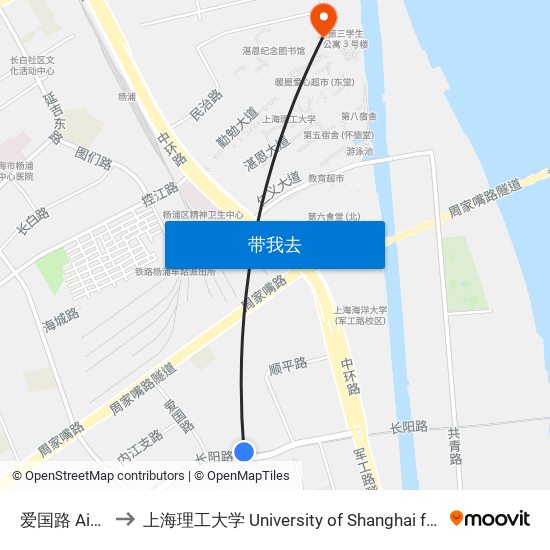爱国路 Aiguo Road to 上海理工大学 University of Shanghai for Science and Technology map