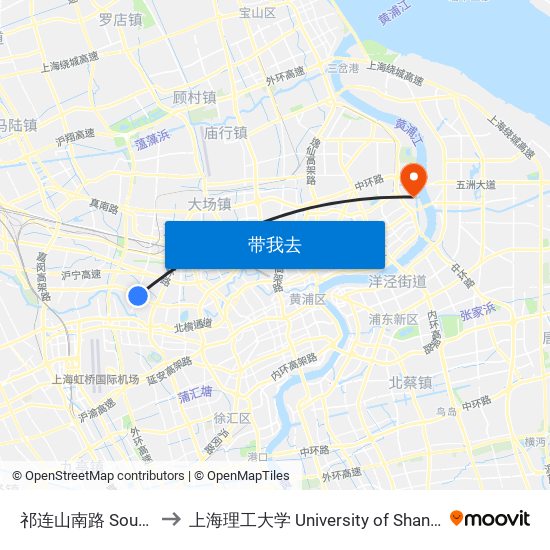 祁连山南路 South Qilianshan Road to 上海理工大学 University of Shanghai for Science and Technology map