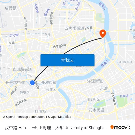 汉中路 Hanzhong Road to 上海理工大学 University of Shanghai for Science and Technology map