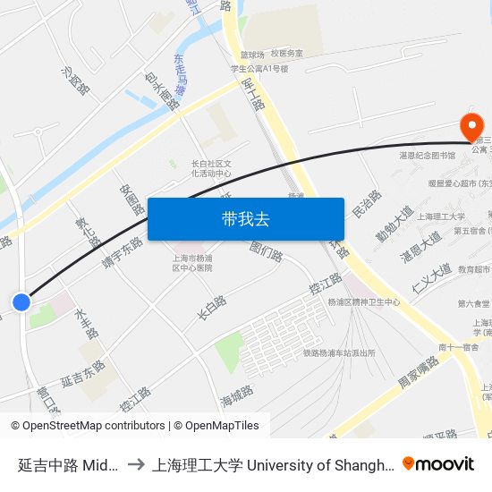 延吉中路 Middle Yanji Road to 上海理工大学 University of Shanghai for Science and Technology map