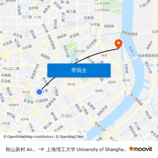 鞍山新村 Anshan Xincun to 上海理工大学 University of Shanghai for Science and Technology map