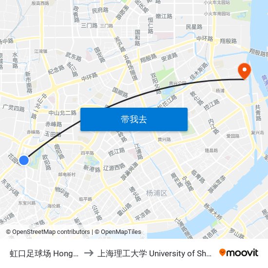 虹口足球场 Hongkou Football Stadium to 上海理工大学 University of Shanghai for Science and Technology map