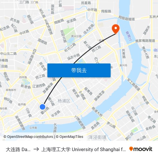 大连路 Dalian Road to 上海理工大学 University of Shanghai for Science and Technology map