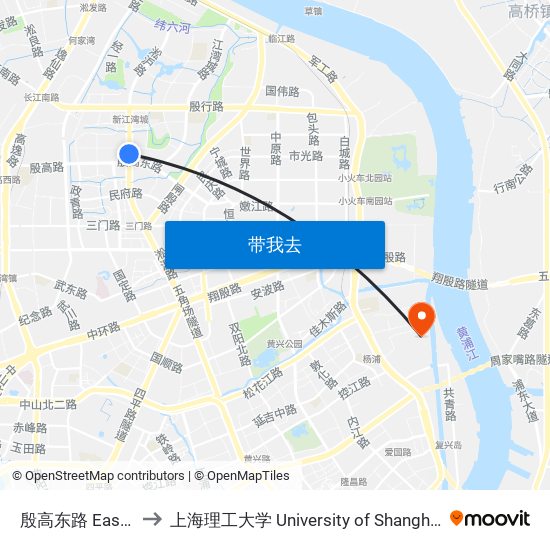 殷高东路 East Yingao Road to 上海理工大学 University of Shanghai for Science and Technology map