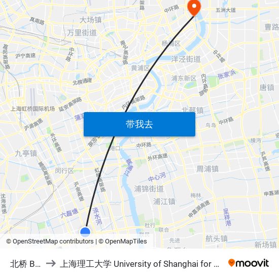北桥 Beiqiao to 上海理工大学 University of Shanghai for Science and Technology map