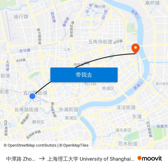 中潭路 Zhongtan Road to 上海理工大学 University of Shanghai for Science and Technology map