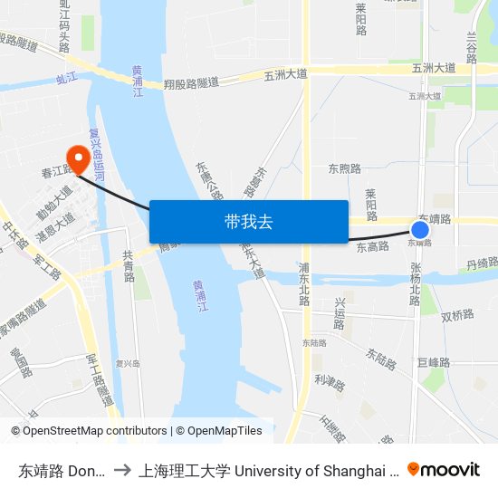 东靖路 Dongjing Road to 上海理工大学 University of Shanghai for Science and Technology map