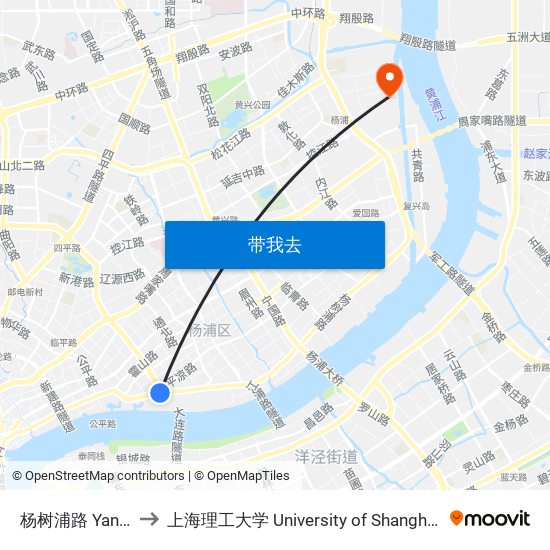 杨树浦路 Yangshupu Road to 上海理工大学 University of Shanghai for Science and Technology map