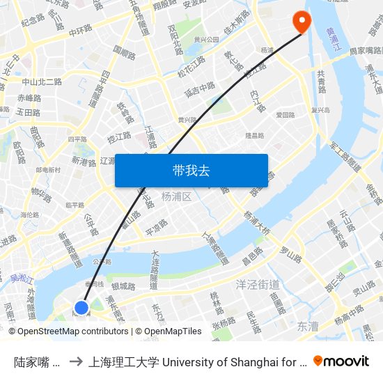 陆家嘴 Lujiazui to 上海理工大学 University of Shanghai for Science and Technology map