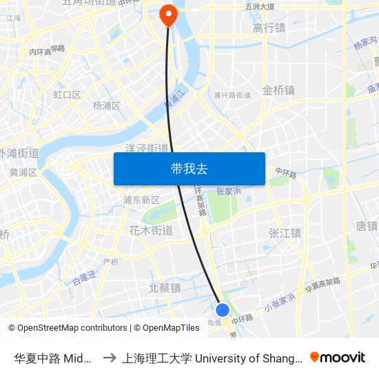 华夏中路 Middle Huaxia Road to 上海理工大学 University of Shanghai for Science and Technology map