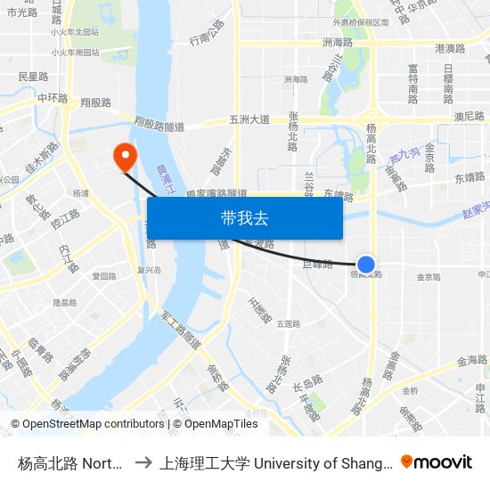 杨高北路 North Yanggao Road to 上海理工大学 University of Shanghai for Science and Technology map