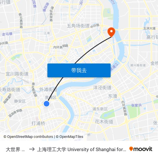 大世界 Dashijie to 上海理工大学 University of Shanghai for Science and Technology map