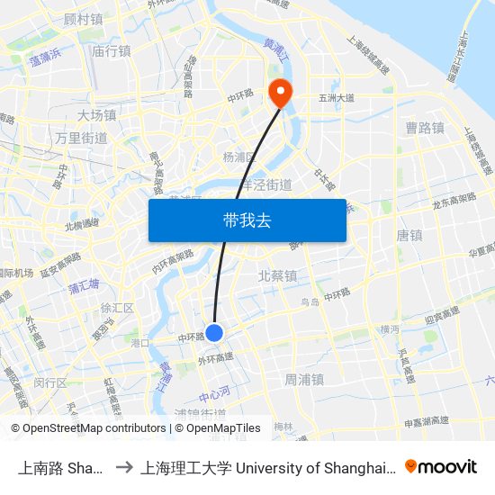 上南路 Shangnan Road to 上海理工大学 University of Shanghai for Science and Technology map