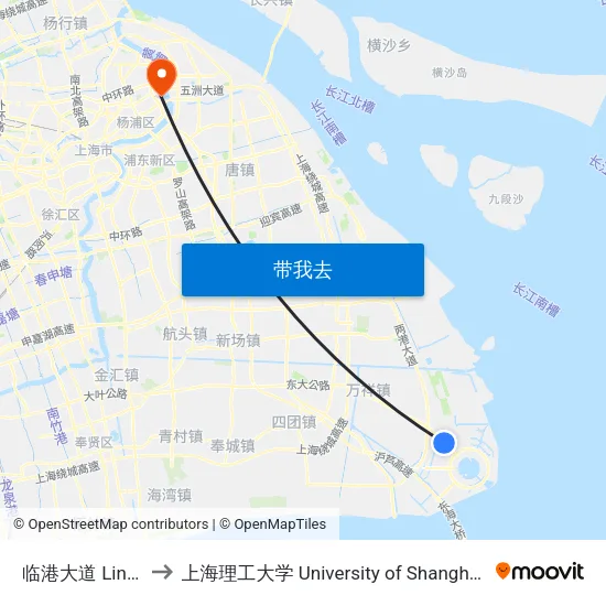 临港大道 Lingang Avenue to 上海理工大学 University of Shanghai for Science and Technology map