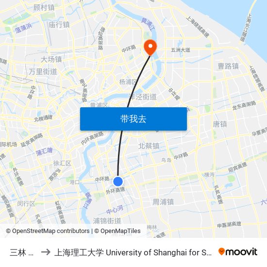 三林 Sanlin to 上海理工大学 University of Shanghai for Science and Technology map