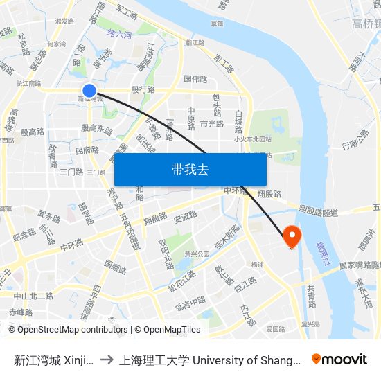 新江湾城 Xinjiangwancheng to 上海理工大学 University of Shanghai for Science and Technology map
