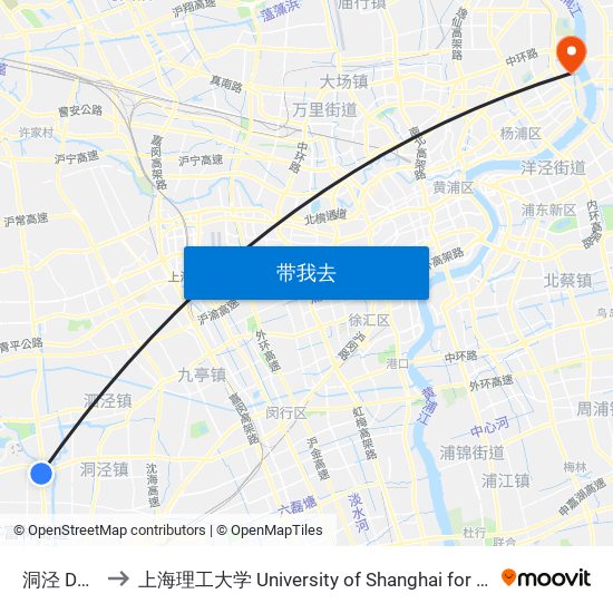 洞泾 Dongjing to 上海理工大学 University of Shanghai for Science and Technology map