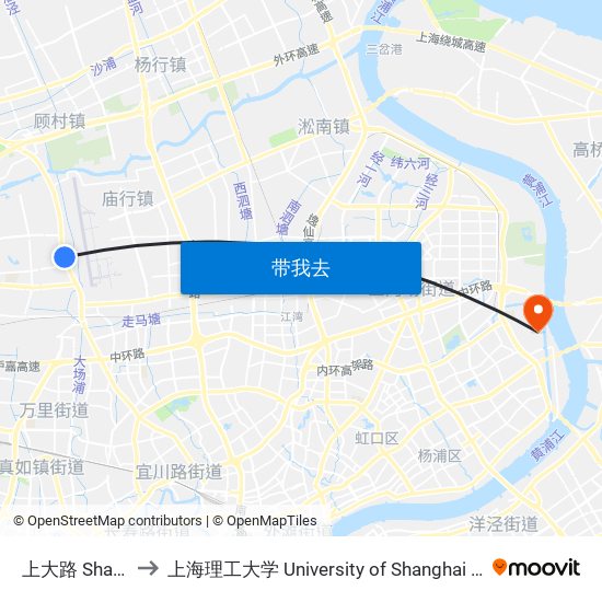 上大路 Shangda Road to 上海理工大学 University of Shanghai for Science and Technology map