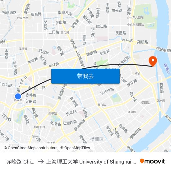 赤峰路 Chifeng Road to 上海理工大学 University of Shanghai for Science and Technology map
