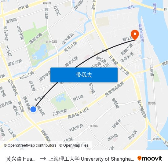 黄兴路 Huangxing Road to 上海理工大学 University of Shanghai for Science and Technology map