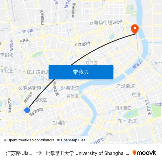 江苏路 Jiangsu Road to 上海理工大学 University of Shanghai for Science and Technology map