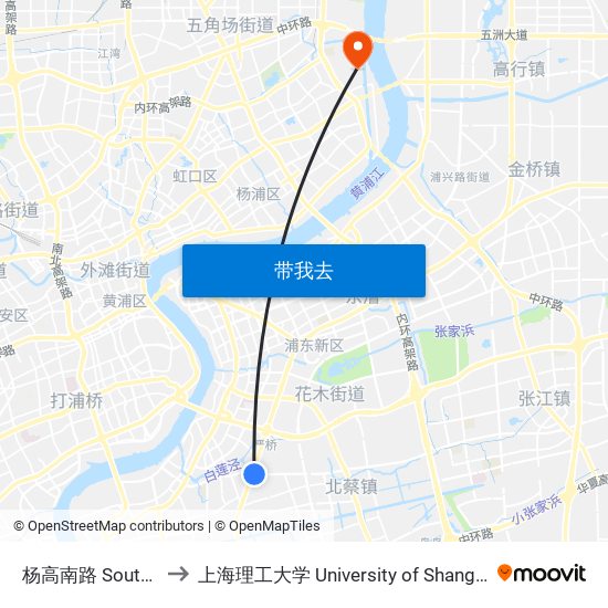 杨高南路 South Yanggao Road to 上海理工大学 University of Shanghai for Science and Technology map