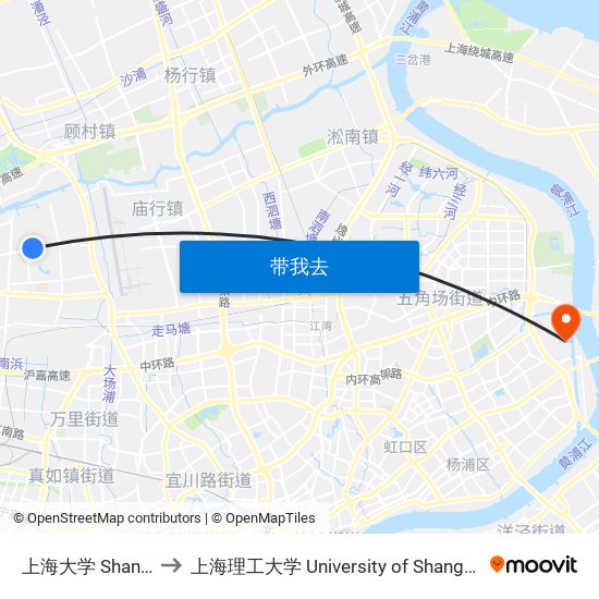 上海大学 Shanghai University to 上海理工大学 University of Shanghai for Science and Technology map