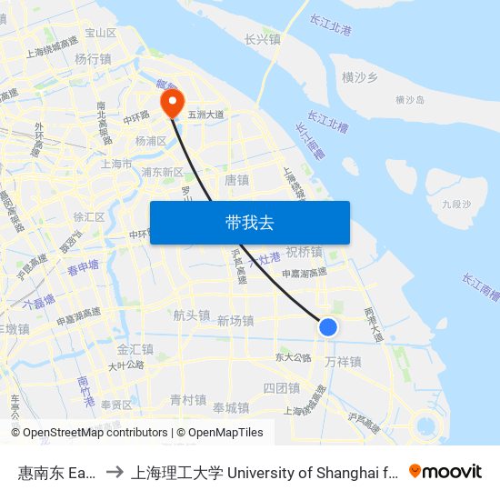 惠南东 East Huinan to 上海理工大学 University of Shanghai for Science and Technology map