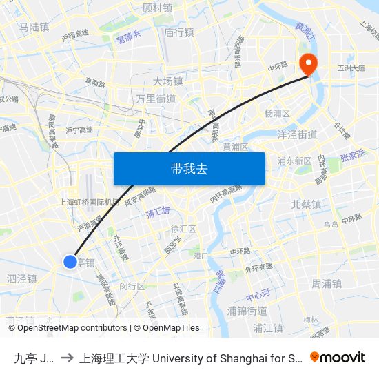 九亭 Jiuting to 上海理工大学 University of Shanghai for Science and Technology map