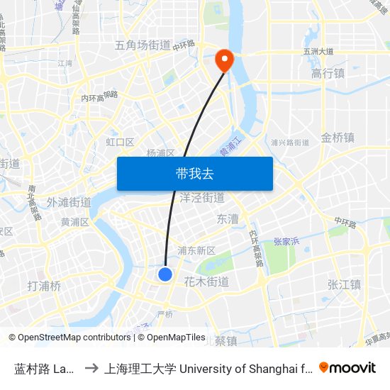蓝村路 Lancun Road to 上海理工大学 University of Shanghai for Science and Technology map