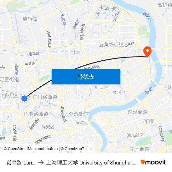 岚皋路 Langao Road to 上海理工大学 University of Shanghai for Science and Technology map