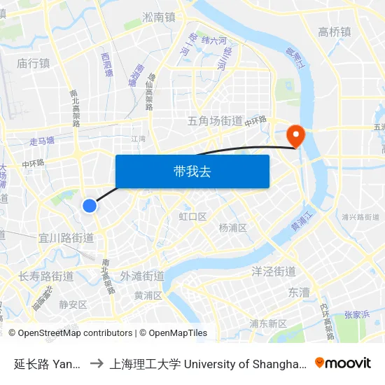 延长路 Yanchang Road to 上海理工大学 University of Shanghai for Science and Technology map